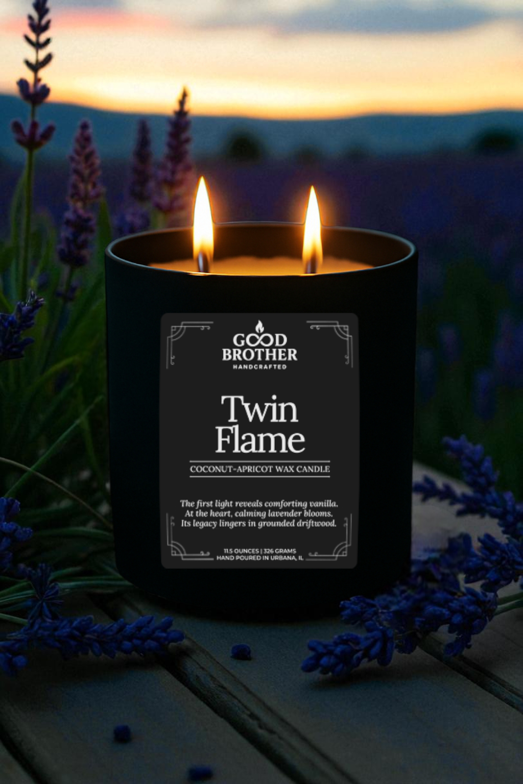 Good Brother "Twin Flame" candle with lavender in the background