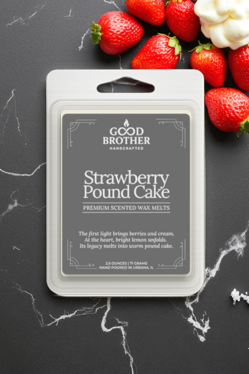 Good Brother Strawberry Pound Cake scented wax melts packaging with strawberries on a dark surface